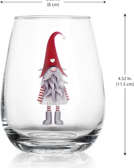 Elegant Home Set of Four (4) 20oz Holiday Festive Gnomes Christmas Stemless Clear Wine Glass For Red Or White Wine