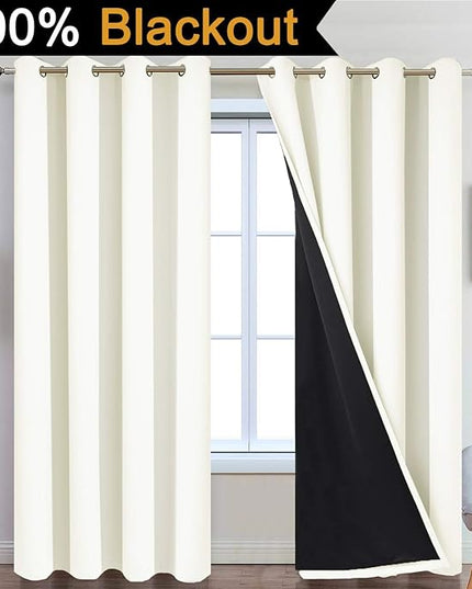 Yakamok 100% Blackout Curtains Thermal Insulated Curtain Panels with Black Liner for Bedroom, Heat Blocking Drapes for Living Room(52Wx96L, Cream, 2 Panels)
