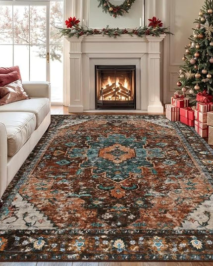 Ciicool Area Rug 5x7ft Washable Rugs for Living Room Non-Slip Indoor Rugs Large Low-Pile Mat Floor Carpet Vintage Rug for Bedroom Dinning Foyer Decor (Brick Red/Dull Teal)