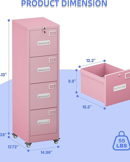 METAN 4 Drawer File Cabinet on Wheels, Lockable Metal Filing Cabinet with Handle and Name Card for Office Home,Assembly Required,Pink