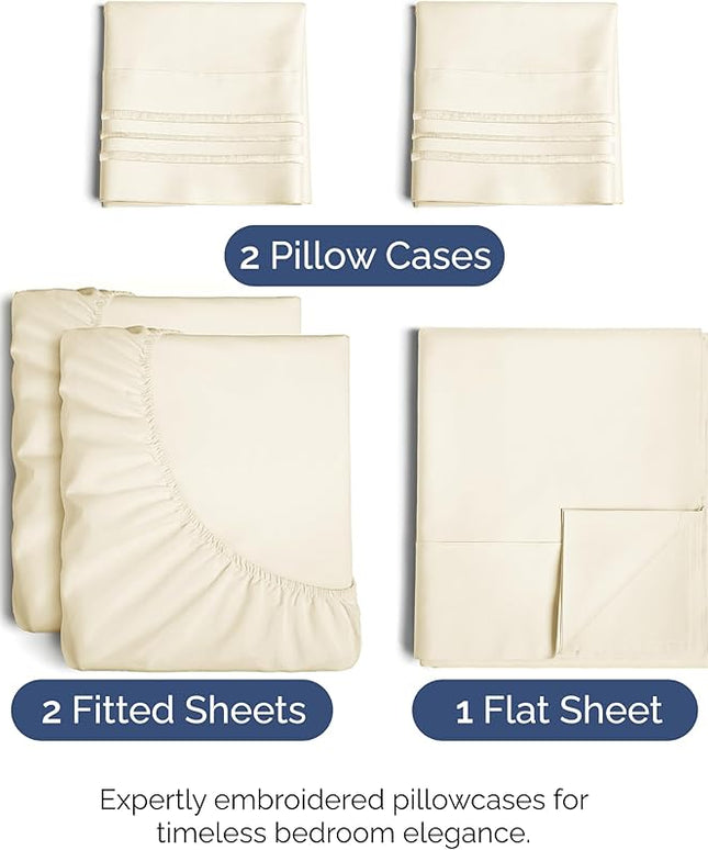 Split King Size 5 Piece Sheet Set - Comfy Breathable & Cooling Bed Sheets Set - Hotel Luxury Bedding for Women, Men, Kids, Teens, Boys & Girls - Deep Pockets, Soft, Wrinkle Free - Oeko-Tex - Off White