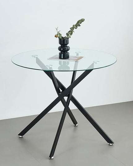 36" Round Glass Dining Table Modern Kitchen Glass Top Table for 4 with Black Metal Legs, Clear Dining Table Kitchen Table for Home Office Dining Room