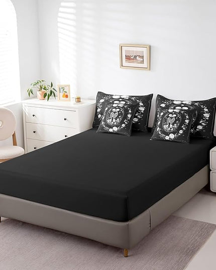 Feelyou Sun and Moon Comforter Set King Size 7 Pieces Comforters Gothic Skull Skeleton Bedding Set Rustic Garden Flower Bed Set Bed in a Bag with Comforter, Sheets, Pillowcases & Cushion Covers