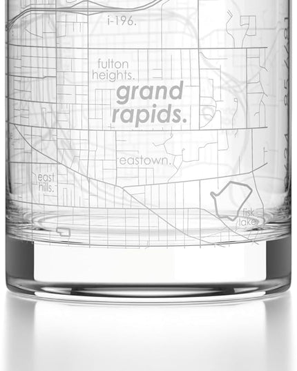 Well Told Engraved Grand Rapids Michigan Map Rocks Glass, Old Fashioned Glassware (11 oz, Clear) Etched Bourbon Tumbler, Gifts For Whiskey Lovers