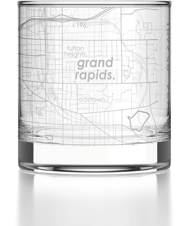Well Told Engraved Grand Rapids Michigan Map Rocks Glass, Old Fashioned Glassware (11 oz, Clear) Etched Bourbon Tumbler, Gifts For Whiskey Lovers