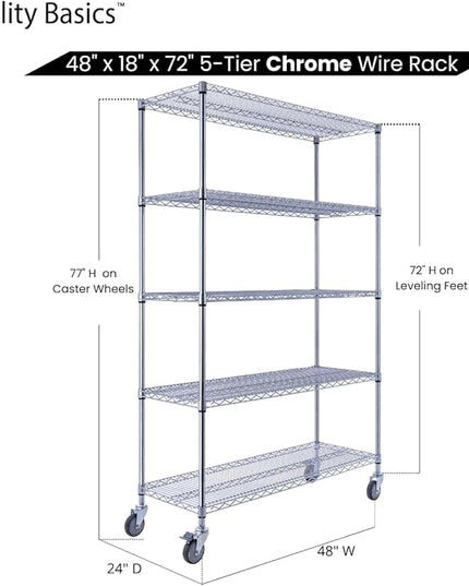 NSF Commercial 5-Tier Wire Shelving with Wheels, 48"x18"x72" Heavy Duty Metal Shelves 4000 lbs Max Capacity, Chrome Storage Rack for Garage Kitchen Pantry Warehouse