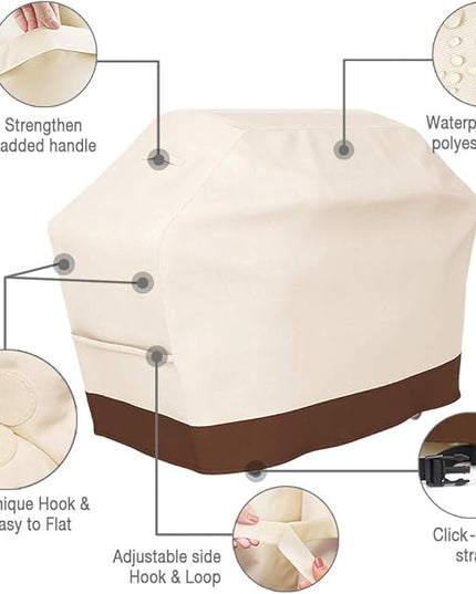 Tuyeho Grill Cover 58 x 24 x 46 inch, 600D Heavy Duty Gas BBQ Cover w/Side Fasteners Straps, Waterproof & Weather Resistant for Your Weber, Char-Broil, Brinkmann, Holland, Jenn Air (Beige & Brown)