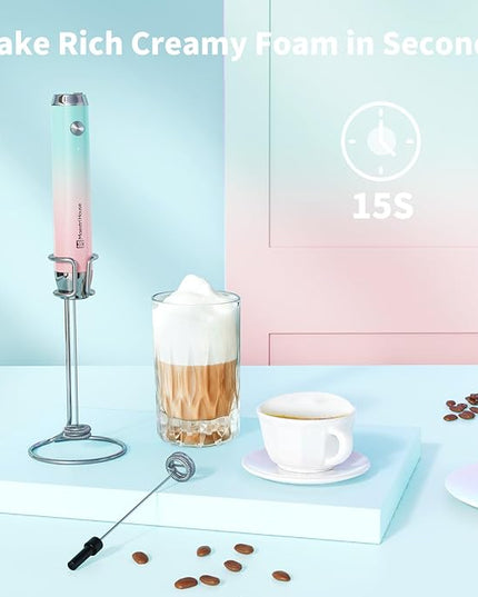 Maestri House Rechargeable Milk Frother with Stand, LunaFro Handheld Electric Foam Maker Waterproof Detachable Stainless Steel Whisk Drink Mixer Foamer for Lattes, Cappuccino