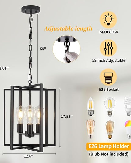 Black Farmhouse Modern Chandelier Light Fixture for Dining Room, 3 Light Rustic Kitchen Island Metal Pendant Hanging, Adjustable Geometric Foyer Light Fixtures for Entryway Hallway Living Room