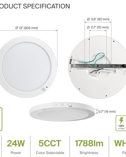 ASD LED 12" Round Flush Mount Ceiling Light Fixture, Low Profile Surface Lighting | 5CCT, Motion Sensored, Ultra-Thin, ETL Listed | 24W 1700LM 2700-6000K 120V | Kitchen, Hallway Lamp | White, 4 Pack