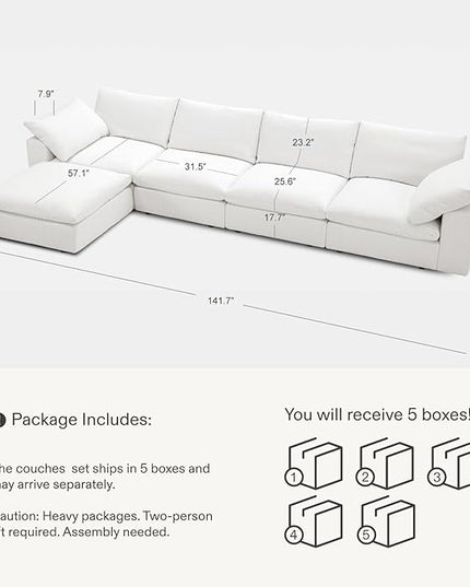 141.7" Cloud Couch Oversized Modular Sectional Sofa, 4 Seater with Ottoman Modern Sofa True Relax Comfy, Wide & Deep Seat Couches with Metal Frame, Furniture Sets for Living Room, White