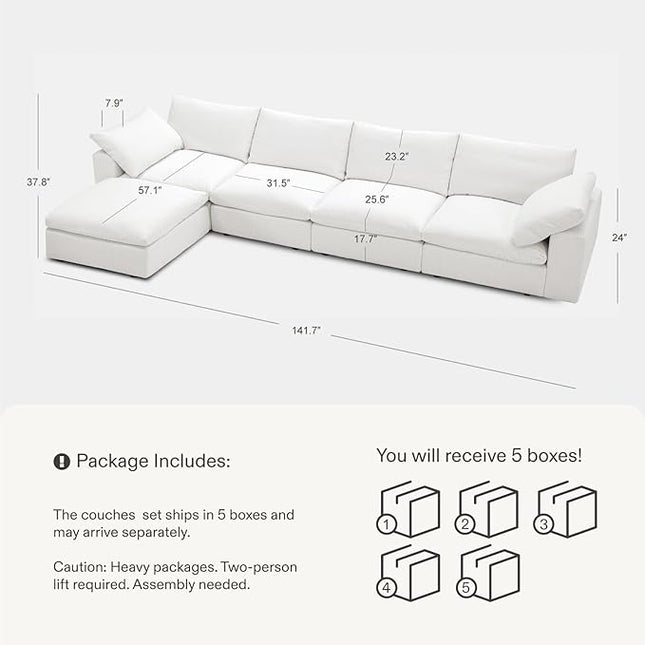 141.7" Cloud Couch Oversized Modular Sectional Sofa, 4 Seater with Ottoman Modern Sofa True Relax Comfy, Wide & Deep Seat Couches with Metal Frame, Furniture Sets for Living Room, White