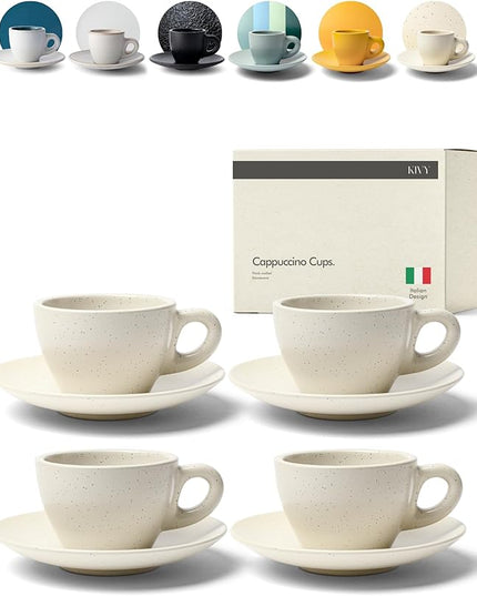 KIVY Cappuccino cups set [4x 8oz] - Thick-walled stoneware cappuccino cup set for latte art - Cappuccino coffee cups - Tazas de cafe - Latte cups - Ceramic latte art cup and saucer set of 4