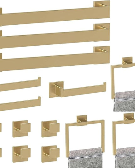 Bathroom Accessory Towel Bar Set: 15 Pieces Gold Bathroom Hardware Square SUS304 Stainless Steel - Wall Mounted Towel Rack&Toilet Paper Holder&Towel Ring and Towel Hook