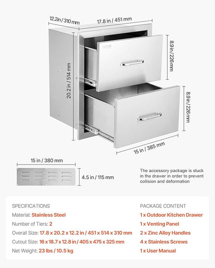 VEVOR Outdoor Kitchen Drawers, 17.8W x 20.2H x 12.2D Inch, Flush Mount Double BBQ Drawer, Stainless Steel BBQ Island with Handle, for Outdoor Kitchens or Patio Grill Station