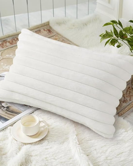 decorUhome Faux Fur Spring Throw Pillow Covers 12x20 Set of 2, Decorative Soft Plush Striped Lumbar Neutral Couch Euro Pillow Covers with Velvet Back for Sofa, Bed, Living Room Home Decor, White