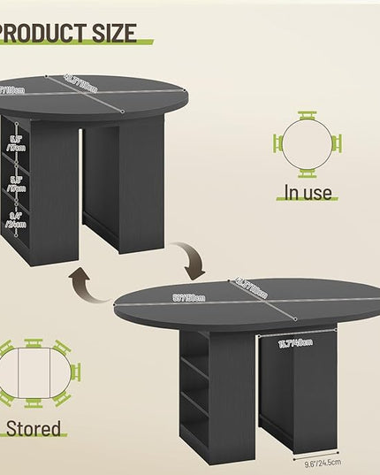 59'' Extendable Dining Table for 4-8, Round Kitchen Room Table with 3-Tier Storage Racks, Adjustable Shelves, Wooden Pedestal Base, for Kitchen, Dinner, Living Room, Office, Black