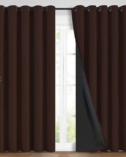 Yakamok 100% Blackout Curtains for Bedroom, 2 Thick Layers Thermal Insulated Grommet Total Blackout Drapes with Black Liner for Living Room (62Wx96L,Chocolate Brown, 2 Panels)