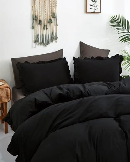 CLOTHKNOW Black Ruffles Comforter Set King Size Farmhouse Bedding Comforter Sets Shabby Chic Comforter Boho Comforter with 2 x Pillowcases