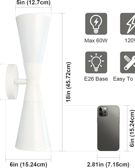 Modern Indoor Wall Sconces Set of 2, Up and Down White Wall Sconces, Mid Century Indoor Wall Light Fixture, Hardwired Wall Mounted Lamp for Living Room, Bathroom, Bedroom, Hallway, 18inches
