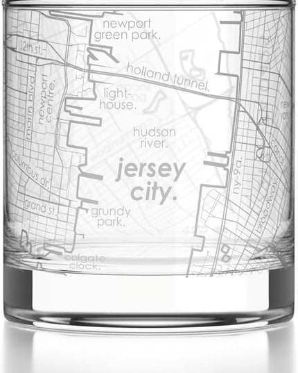 Well Told Engraved Jersey City New Jersey Map Rocks Glass, Old Fashioned Glassware (11 oz, Clear) Etched Bourbon Tumbler, Gifts For Whiskey Lovers