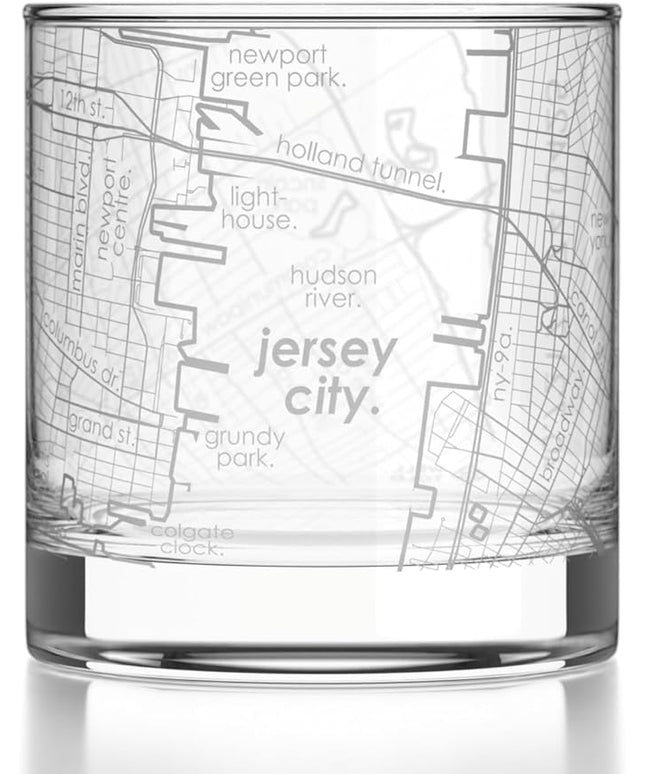 Well Told Engraved Jersey City New Jersey Map Rocks Glass, Old Fashioned Glassware (11 oz, Clear) Etched Bourbon Tumbler, Gifts For Whiskey Lovers