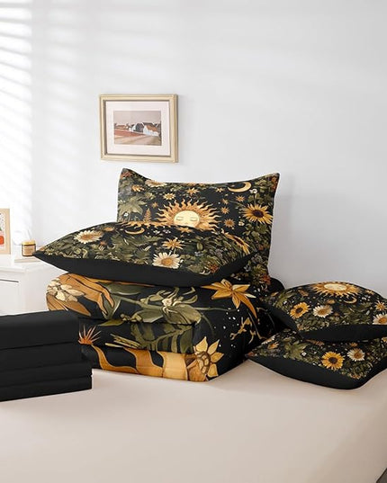 Feelyou 7Pcs Sun and Moon Comforter Sets Twin Size, Butterfly Moth Flower Rustic Garden Comforter Set Bed in a Bag(1 Comforter, 1 Flat Sheet 1 Fitted Sheet 2 Pillowcases and 2 Throw Pillow Covers)
