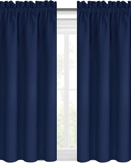 DWCN Short Blackout Curtains for Bedroom 45 Inches Long 2 Panels Set, Solid Thermal Insulated Energy Saving Window Treatment Drapes, Rod Pocket Curtains for Kids Boys Room (W42 x L45 Inch, Navy Blue)
