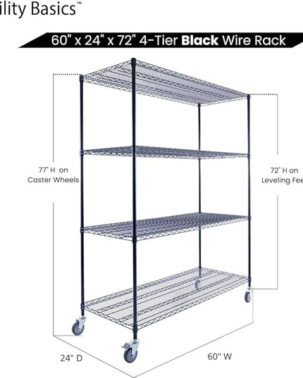 NSF Commercial 4-Tier Wire Shelving with Wheels, 60"x24"x72" Heavy Duty Metal Shelves 3200 lbs Max Capacity, Black Storage Rack for Garage Kitchen Pantry Warehouse
