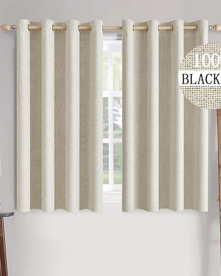 MIULEE 100% Blackout Linen Textured Curtains for Bedroom Solid Thermal Insulated Cream Grommet Room Darkening Curtains & Drapes Luxury Decor for Living Room Nursery 52 x 63 Inch (2 Panels)
