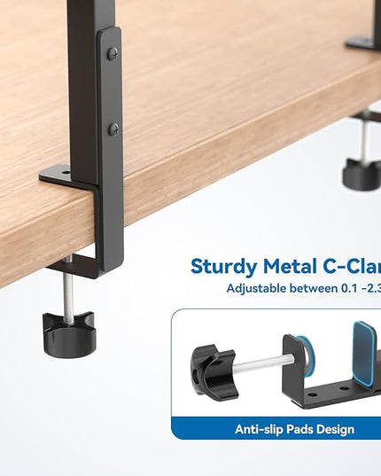 KDD Clamp On Desk Organizer - Adjustable 2-Tier Above or Under Desk Shelves with Large Capacity Tray, Phone & Tablet Holder, Headphone Hook - No Drilling Desktop Storage for Office & Home Accessories