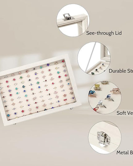 Stratalife Jewelry Organizer Ring Storage Display Tray with Clear Glass Lid Velvet Jewelry Showcase Ring Box for Multiple Rings Drawer Display 100 Slot (Beige)