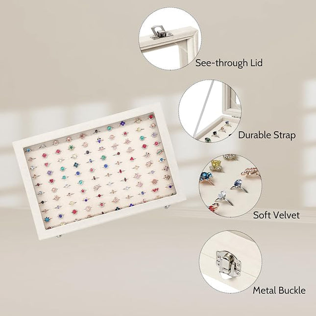 Stratalife Jewelry Organizer Ring Storage Display Tray with Clear Glass Lid Velvet Jewelry Showcase Ring Box for Multiple Rings Drawer Display 100 Slot (Beige)