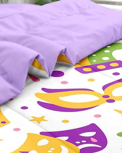 Comforter Set Queen Size, Happy Purple Gold Mask 7 Pcs Bedding for Kids and Adults, Mardi Carnival Party Bed Sheet Sets with Fitted Sheet 2 Pillowcases & 2 Shams for Bedroom Bed Decor