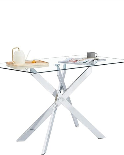 51" Glass Dining Table Set for 6, Modern Dining Room Table Set for 6, Silver X-Shape Pedestal Glass Table with 6pcs Black Dining Chairs, 7 Piece Dining Set for Dining Living Room