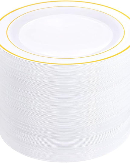 bUCLA 100Pieces Gold Plastic Dinner Plates - 10.25inch White and Gold Plates Disposable for Party - Ideal for Wedding, Party & Daily Use