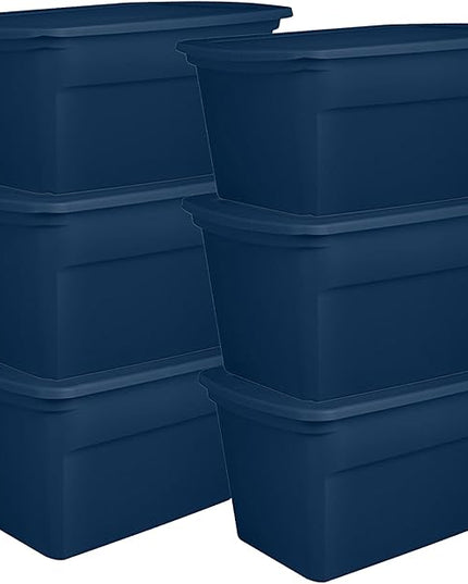 Sterilite 6-Pack Tote, Plastic Storage Bins with Snap Lids, 30 Gallon, Marine Blue - Stackable Home Organizers with In-Molded Handles for Bedroom, Garage, Basement and Attic