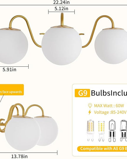 3 Lights Vintage Bathroom Vanity Light Fixtures Over Mirror, Brushed Gold Vanity Lights For Bathroom With Milk White Glass Globe Shade, Wall lights For Bedroom, Hallway, Dressing Table,Includ G9 Bulbs