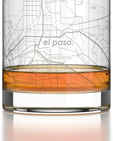 Well Told Engraved El Paso Texas Map Rocks Glass, Old Fashioned Glassware (11 oz, Clear) Etched Bourbon Tumbler, Gifts For Whiskey Lovers