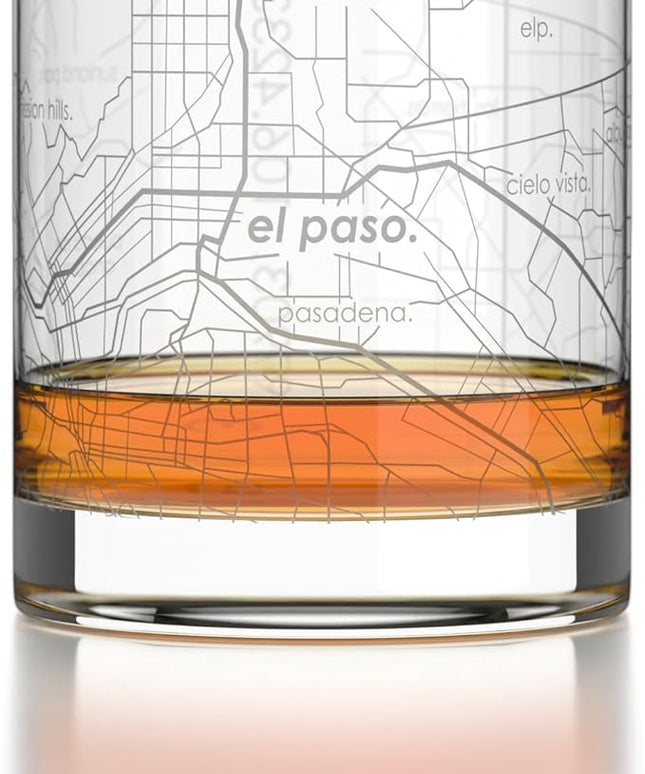 Well Told Engraved El Paso Texas Map Rocks Glass, Old Fashioned Glassware (11 oz, Clear) Etched Bourbon Tumbler, Gifts For Whiskey Lovers