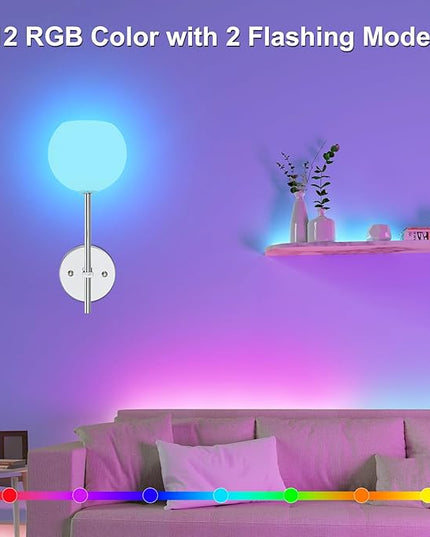 Chrome Battery Operated Wall Sconces Set of 2, Rechargeable Wireless Wall Lights with Milky White Frosted Glass Shade, 12 RGB and 3CCT Dimmable, Wall Lamps with Remote for Bedroom Living Room Hallway