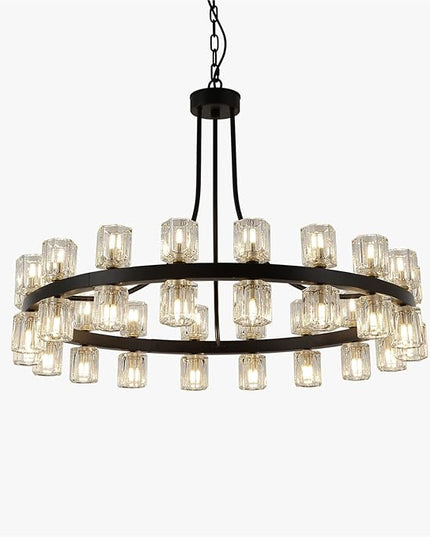 36" Wagon Wheel Chandelier Black Wagon Wheel Chandelie with Crystal Shade,Modern Style, Ideal for Dining Room, Kitchen, Entryways,36-Lights