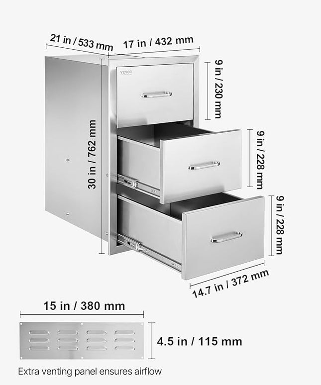VEVOR 17W x 30H x 21D Inch Outdoor Kitchen Stainless Steel Double Access Drawers with Paper Towel Holder Combo for BBQ Island or Grill Station