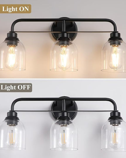 3 Light Matte Black Vanity Lights for Bathroom, Bathroom Light Fixtures Over Mirror with Clear Glass Shade, Ceramic E26 Sockets Wall Mounted