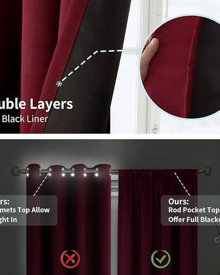 BGment Christmas Burgundy Red Blackout Curtains for Bedroom 84 Inch Length, Rod Pocket 100% Blackout Curtains with Thermal Liner Decorate Curtains for Living Room, Each Drapes 2 Panels, 42 x 84 Inch