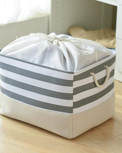 TheWarmHome Jumbo Storage Bins Baskets, Sturdy Fabric Organizing Basket W/Handles, Decorative Foldable Storage Baskets for Shelves Closet Nursery Toy (Grey&White Stripes 3 Pack, 20.5Lx15.7Wx13.8H in)