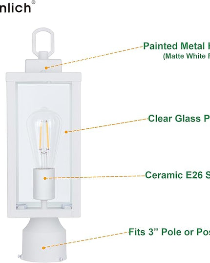GRUENLICH Outdoor Post Lighting Fixture Pole Lantern, E26 Medium Base Max 60W, Metal Housing Plus Glass, Matte White Finish, Bulb Not Included, 2 Pack