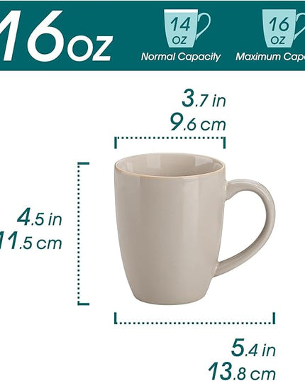 vancasso PLAYA Ceramic Coffee Mug Set of 6, 16 Oz Tea Cups with Handle for Latte, Tea, Cappuccino, Milk, Cocoa, Microwave&Dishwasher Safe, White