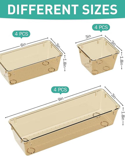 WOWBOX 9 Pack Clear Drawer Organizer Set, Acrylic Drawer Storage Trays, Storage Bins for Makeup, Cosmetics, Jewelries, Utensils, Gadgets, Office, Champagne