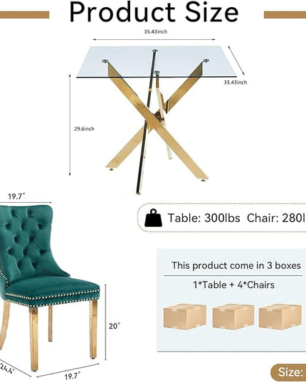 Glass Dining Table Set for 4, Square 36" Dining Table with Gold Cross Metal Leg, 4 Green Velvet Dining Chairs with Stainless Steel Legs, Modern Glass Kitchen Table and Chairs Set for Small Space